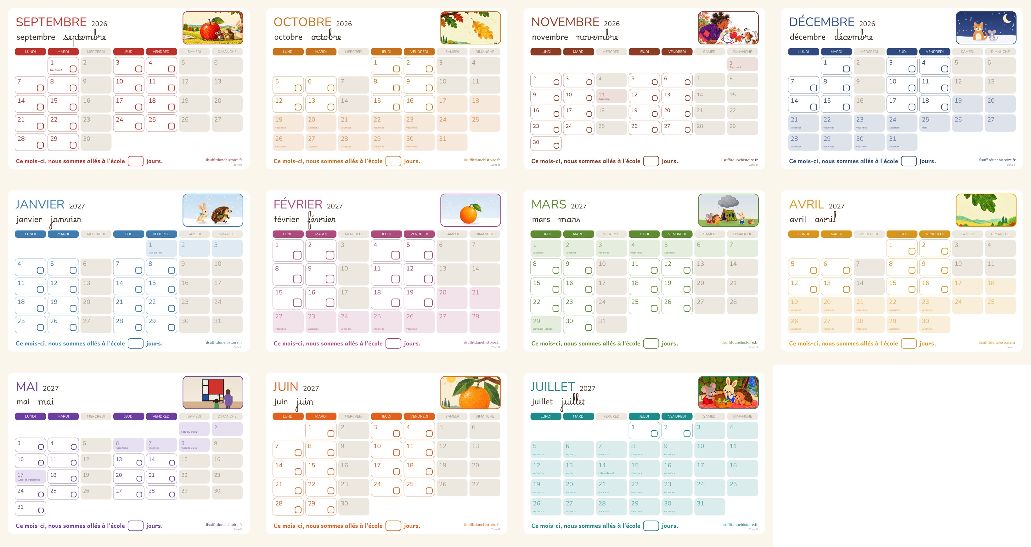 Les onze mois du calendrier à cocher 2026-2027, de septembre à juillet, chacun illustré par une scène avec les héros des albums