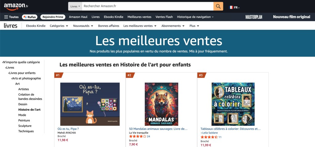 Capture d'Amazon.fr : Où es-tu, Pipa ? en première place des meilleures ventes en Histoire de l'art pour enfants