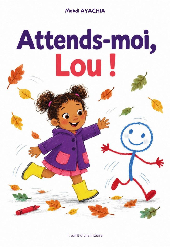 Couverture de l'album jeunesse Attends-moi, Lou ! : Lou et son petit bonhomme dessiné au crayon rouge