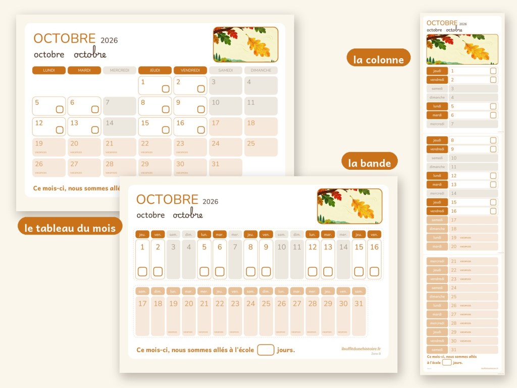 Les trois styles de calendriers à cocher 2026-2027 sur le mois d'octobre : le tableau du mois, la bande horizontale et la colonne verticale